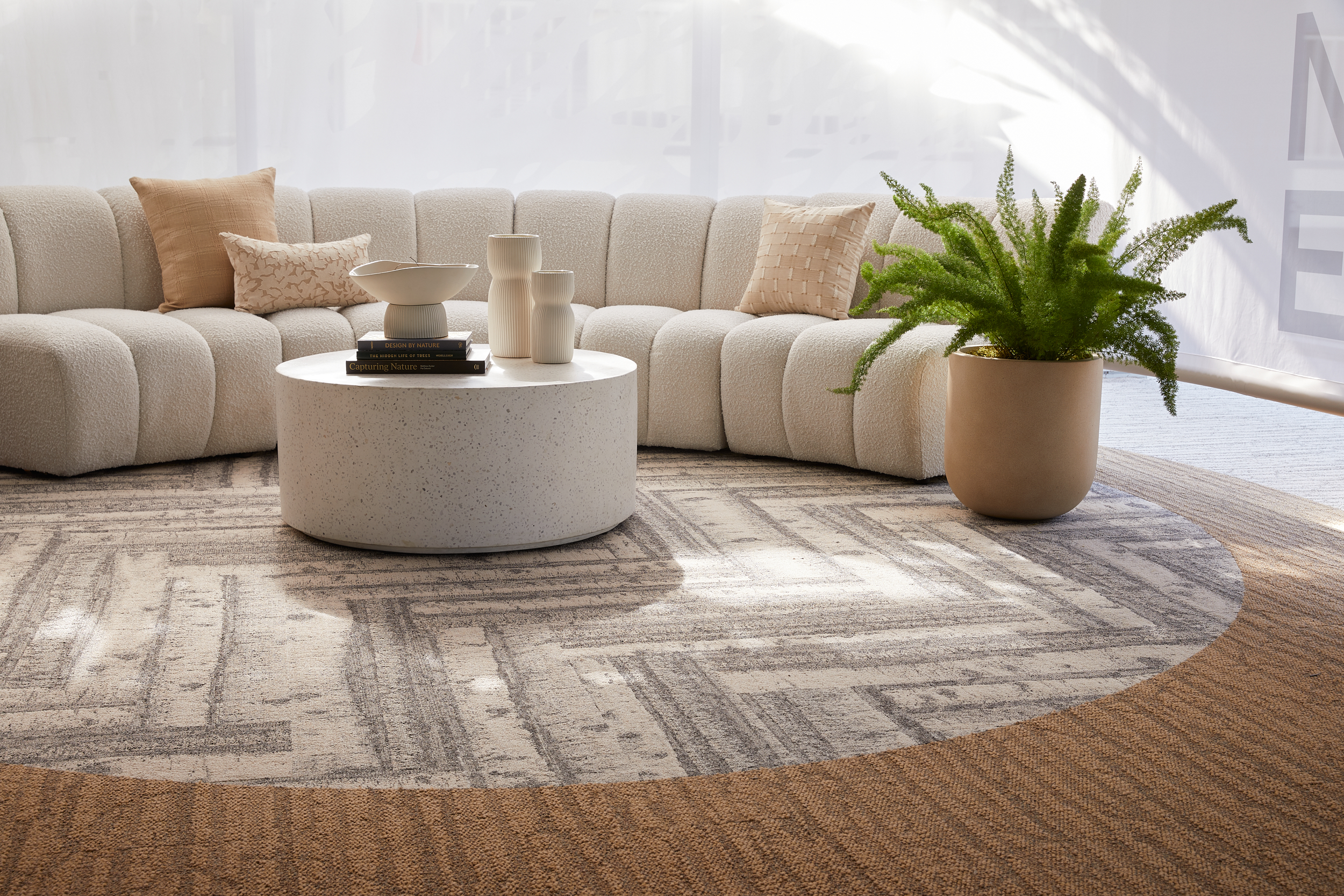 Interface First Light, Spruce it Up and Quiet Grove plank carpet tile in showroom collaborative space